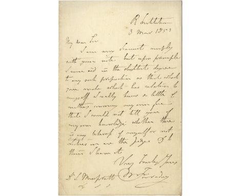 FARADAY MICHAEL: (1791-1867) English Chemist &amp; Physicist. A.L.S., M Faraday, one page, 8vo, Royal Institution, 3rd March 