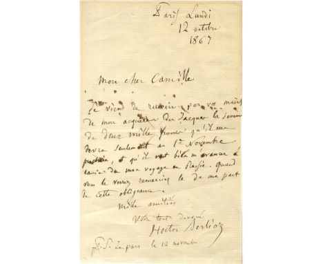  BERLIOZ HECTOR: (1803-1869) French Composer. `An advance before his second tour of Russia´.A.L.S., Hector Berlioz, one page,