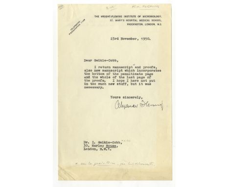 FLEMING ALEXANDER: (1881-1955) Scottish Biologist, Nobel Prize winner for Physiology or Medicine, 1945.T.L.S., Alexander Flem