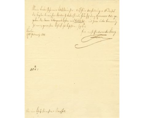 FREDERICK II: (1712-1786) King of Prussia 1740-86, known as Frederick The Great. L.S., Friedrich, one page, 4to, Berlin, 18th