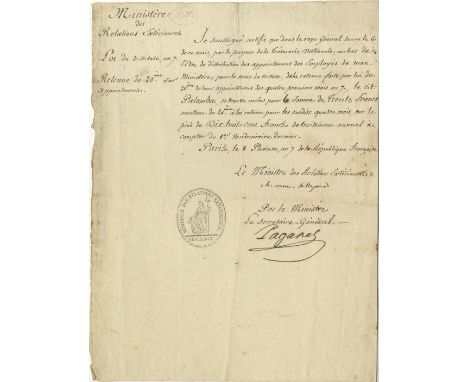 TALLEYRAND-PERIGORD CHARLES MAURICE DE: (1754-1838) French Statesman. D.S., Ch. Maur. Talleyrand, one page, 4to, Paris, 8th J