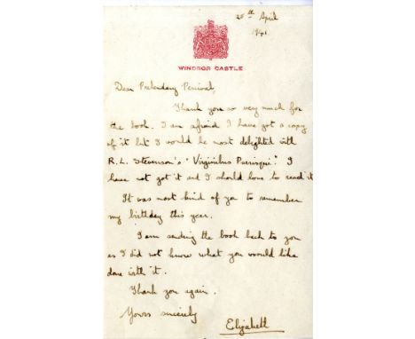 ELIZABETH II: (1926- ) Queen of the United Kingdom 1952- . A charming, early A.L.S., Elizabeth, one page, 8vo, Windsor Castle