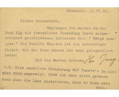 JUNG CARL: (1875-1961) Swiss Psychiatrist and Psychotherapist who founded analytical psychology. T.L.S., Jung, to one side of