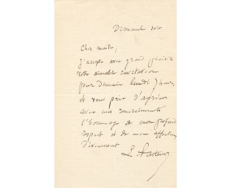 PASTEUR LOUIS: (1822-1895) French Chemist &amp; Microbiologist. A.L.S., L. Pasteur, one page, 8vo, n.p., n.d. ('Dimanche soir