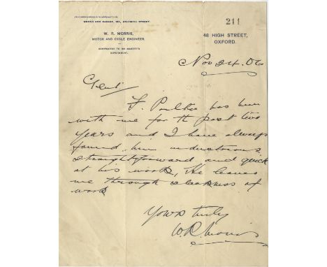 MORRIS WILLIAM: (1877-1963) 1st Viscount Nuffield. British Automobile Manufacturer, Engineer and Philanthropist.A.L.S., W. R.