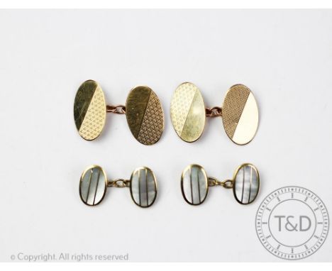 A pair of 9ct gold cufflinks Birmingham, designed as oval links joined by a chain, gross weight 6.2gms and a pair of mother o