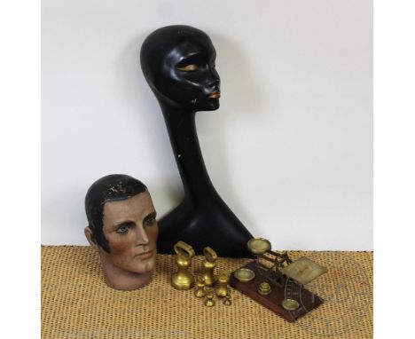 A vintage 1960's hat stand head, 87cm, with another mannequin male head, 25cm, and a set of postal scales (3)