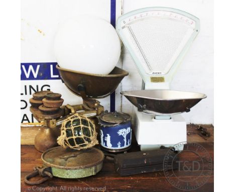 A W &amp; T Avery vintage cast iron and brass scales, with weights, with an Avery upright shop scales, a Salter hanging scale