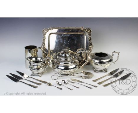 A Victorian silver plate rectangular scalloped tray, Charles Desprez, Bristol Silversmith, 33.5cm wide with selection of silv