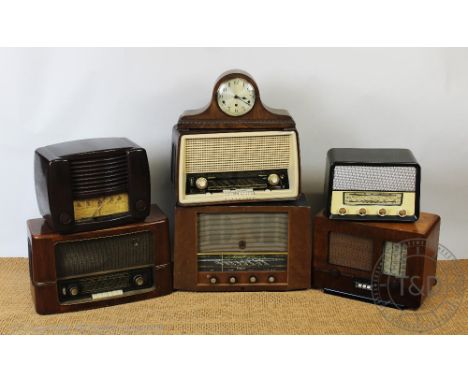 Six vintage radios, including two bakelite examples, largest 39cm x 60cm CONDITION REPORT: This lot is sold as decorative ite