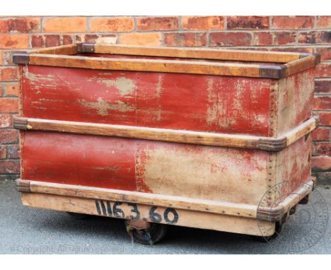 A vintage laundry basket / bin, bent wood bound with wheeled base, 82cm h x 123cm W x 63cm D