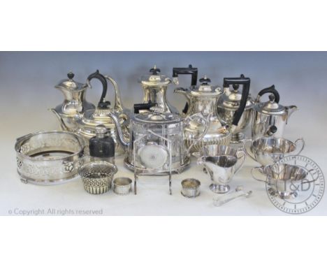 A selection of silver plated items, to include a hip flask with cup base, 12cm, a small dinner gong, a three piece tea and co
