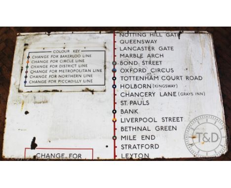 A vintage London Underground large enamel sign, for the Central Line, detailing stations from Notting Hill Gate to Leyton, wi