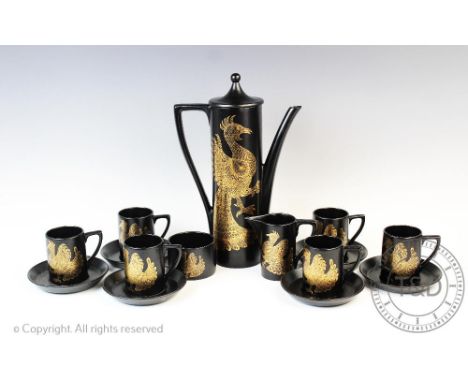 A Portmeirion Pottery Phoenix pattern coffee service, designed by John Cuffley, comprising coffee pot 33cm high, six coffee c