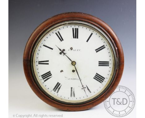 A 19th century walnut cased circular wall clock, dial named J. Palin, Nantwich, the circular face with black Roman numeral di