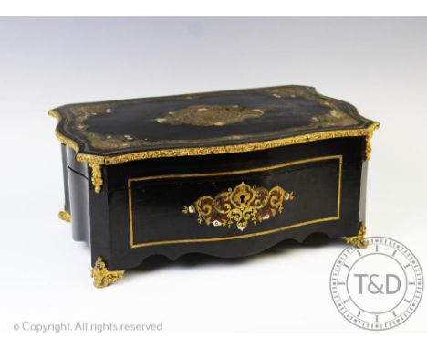 A 19th century silver French 'Boulle' work serpentine work box, in 18th century style,  the exterior with gilt metal mounts a