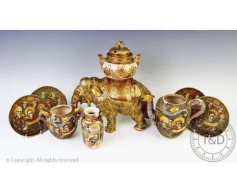 A Japanese Satsuma porcelain elephant koro and cover, Meiji period, 29cm high with a selection of further Satsuma wares to in