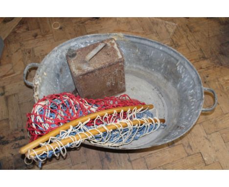 A vintage galvanized bath, with a hammock, a petrol can and other items (Qty)