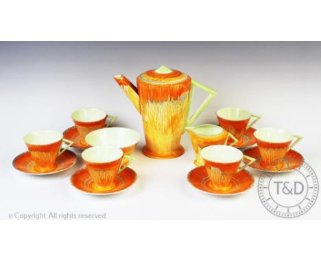 A Shelley Art Deco coffee service, RdNo.756533, each piece with a dripware glaze comprising; a coffee pot and cover, 17.5cm h