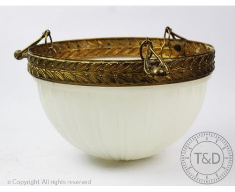 An Edwardian brass glass plafonnier, with a moulded opaque glass shade and brass fitting with foliate detailing, 32cm diam (s