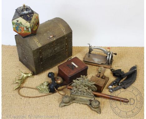 A miscellany of 19th century and later metal wares and vintage items, to include a wall mounting oak telephone, 29cm, a child