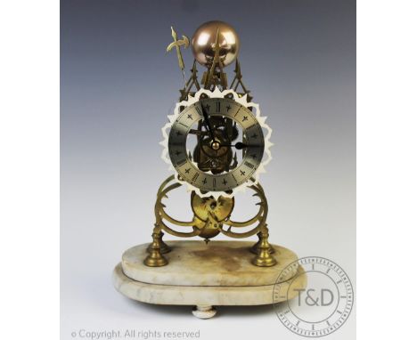 A brass skeleton mantel clock, with Roman numeral chapter ring and single fusee movement striking non a bell, on stepped marb