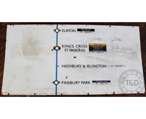 A vintage London Underground large enamel sign, showing stations on the Victoria Line from Euston to Finsbury Park, 99cm x 19