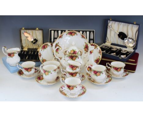 A Royal Albert, Old Country Roses pattern tea service and a quantity of silver plated cutlery