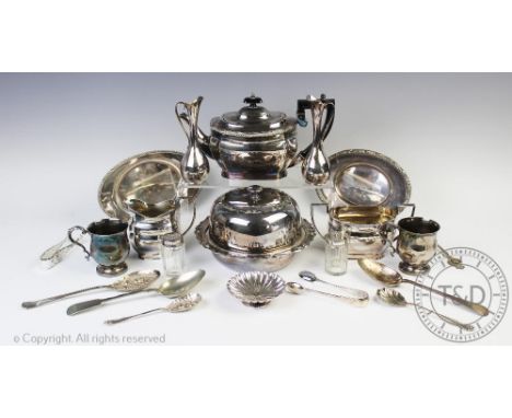 A selection of silver plated items to include a muffin dish and cover, 12cm high, a three piece tea service, sugar tongs, tab