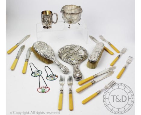 A selection of silver and silver plated wares, to include; an assembled three piece dressing table set, a cased set of six fi