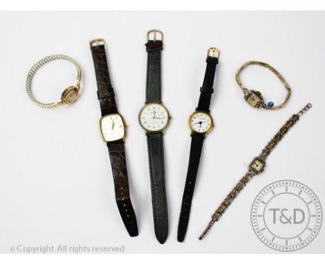 A collection of six assorted ladies and gents wristwatches, to include; Baume and Mercier with a quartz movement, a 9ct gold 