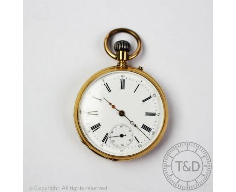 An 18K gold open face pocket watch, the white enamel dial with black Roman numerals and subsidiary seconds dial, inner back c