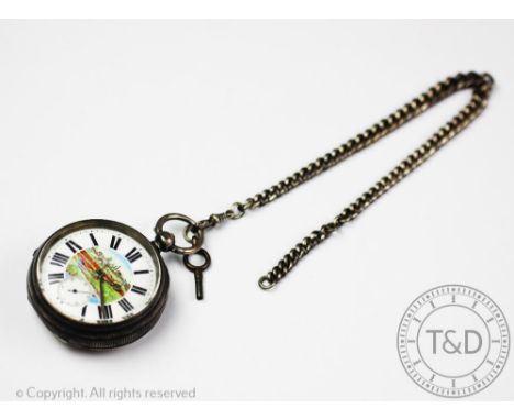 A Victorian silver open face pocket watch with illustrated dial, Chester 1896, the white enamel dial with black Roman numeral