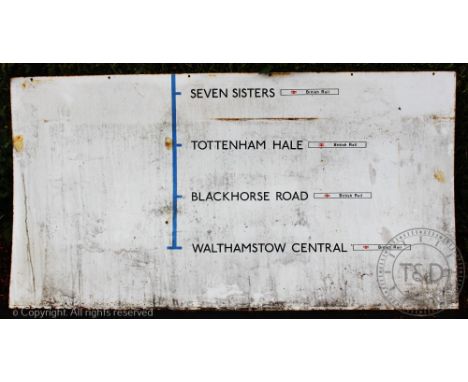 Two vintage London Underground large enamel signs, one for the Victoria line showing stations from Seven Sisters to Walthamst