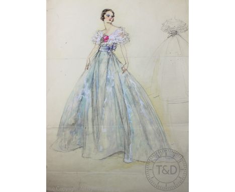 The House of Worth fashion designs, c1930's, Eighteen hand drawn and coloured fashion designs / plates, To include a design f