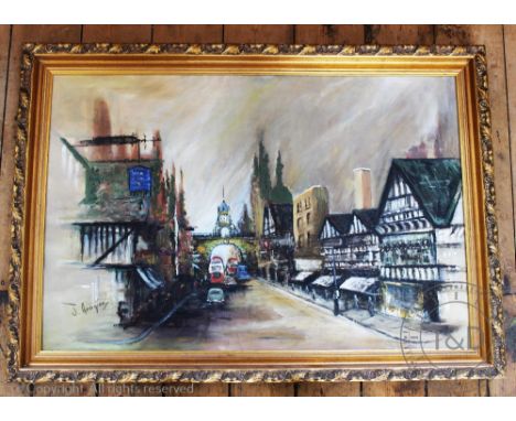J.Georgion (British 20th century),Oil on canvas, Chester Eastgate Street and the Eastgate Clock, Signed lower left, 50cm x 75