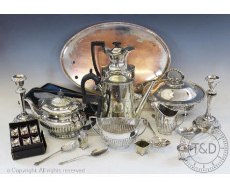 A selection of silver plated wares, to include; a bone handled warming dish, an assmelbled four piece tea and coffee service,