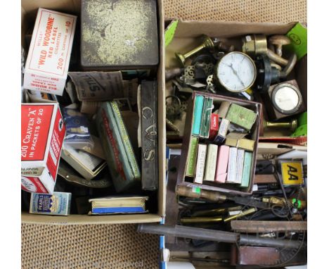 A large selection of vintage advertising and industrial items, including a selection of cardboard product boxes, a Bundenberg