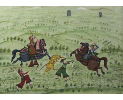 Indian School (20th Century), Landscape gouache on silk painting, Tiger hunt,Signed lower right in calligraphy,33cm x 46.5cm,