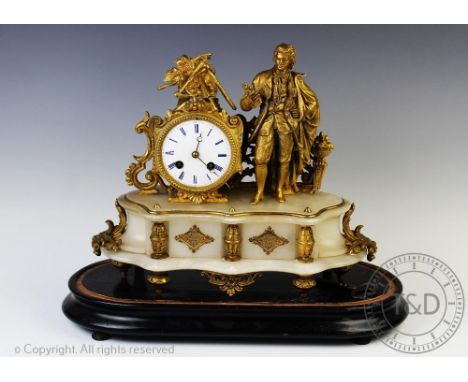 A 19th century gilt spelter and alabaster figural eight day mantel clock, with movement striking on a bell, on ebonised base,