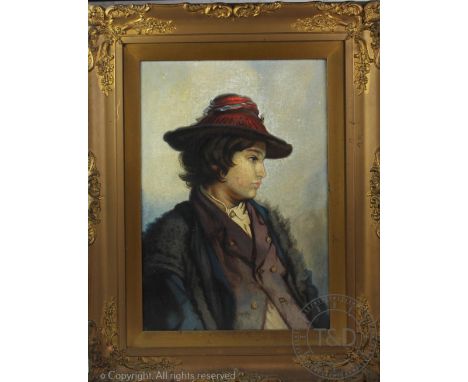 English School - 19th century,Oil on canvas, Portrait of a young man in a red hat,50cm x 34cm,Gilt frameProvenance: Clynog Fa