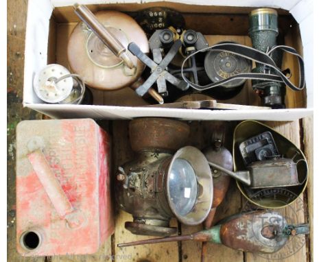 A large selection of vintage items, to include a pair of Bing prism Mk 5 binoculars, a smaller pair of 6E/293 A.M. binoculars