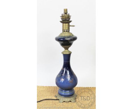 A brass mounted glass lamp, decorated with ho ho birds, 64cm H, with a selection of Masonic regalia, two tea boxes and one ot