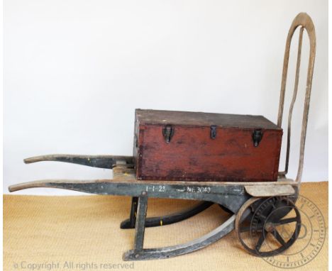 A vintage railway station ash and iron luggage truck / cart, possibly North Eastern Railway, 162cm long, with a vintage stain