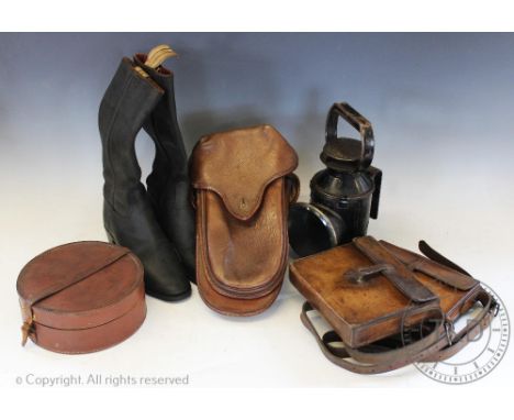 A selection of vintage riding ephemera etc, to include a tan leather double sided pannier, 29cm long, with two tan leather sa