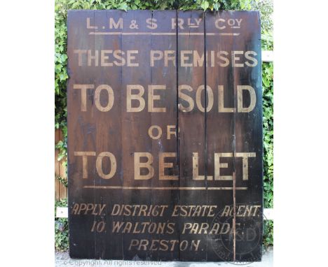 A very large vintage London Midland and Scottish railway sign, 'L.M &amp; S Rly Coy, These Premises to be Sold or to be Let. 