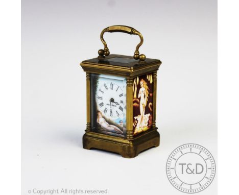 A French erotic timepiece, the lacquered brass case enclosing enamelled panels of nude figures, the white enamel dial with bl