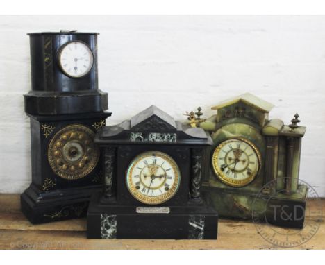 A Victorian onyx architectural mantle clock, 32cm, with a similar example with silver presentation plate, a further example l