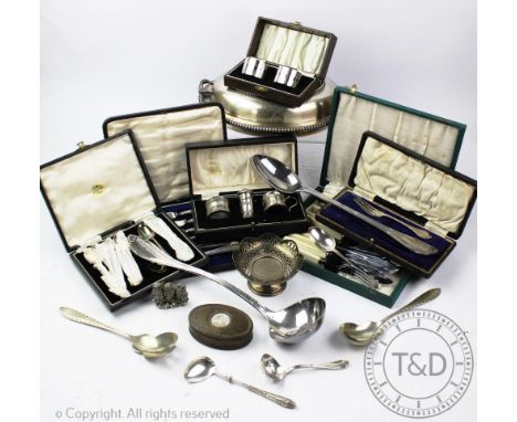 A selection of silver and silver plate items, to include a silver three piece condiment set, Birmingham 1924 (lacking a liner