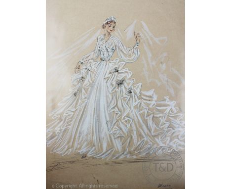 The House of Worth fashion designs, c1930's, Six hand drawn and coloured fashion designs / plates, Comprising two wedding dre